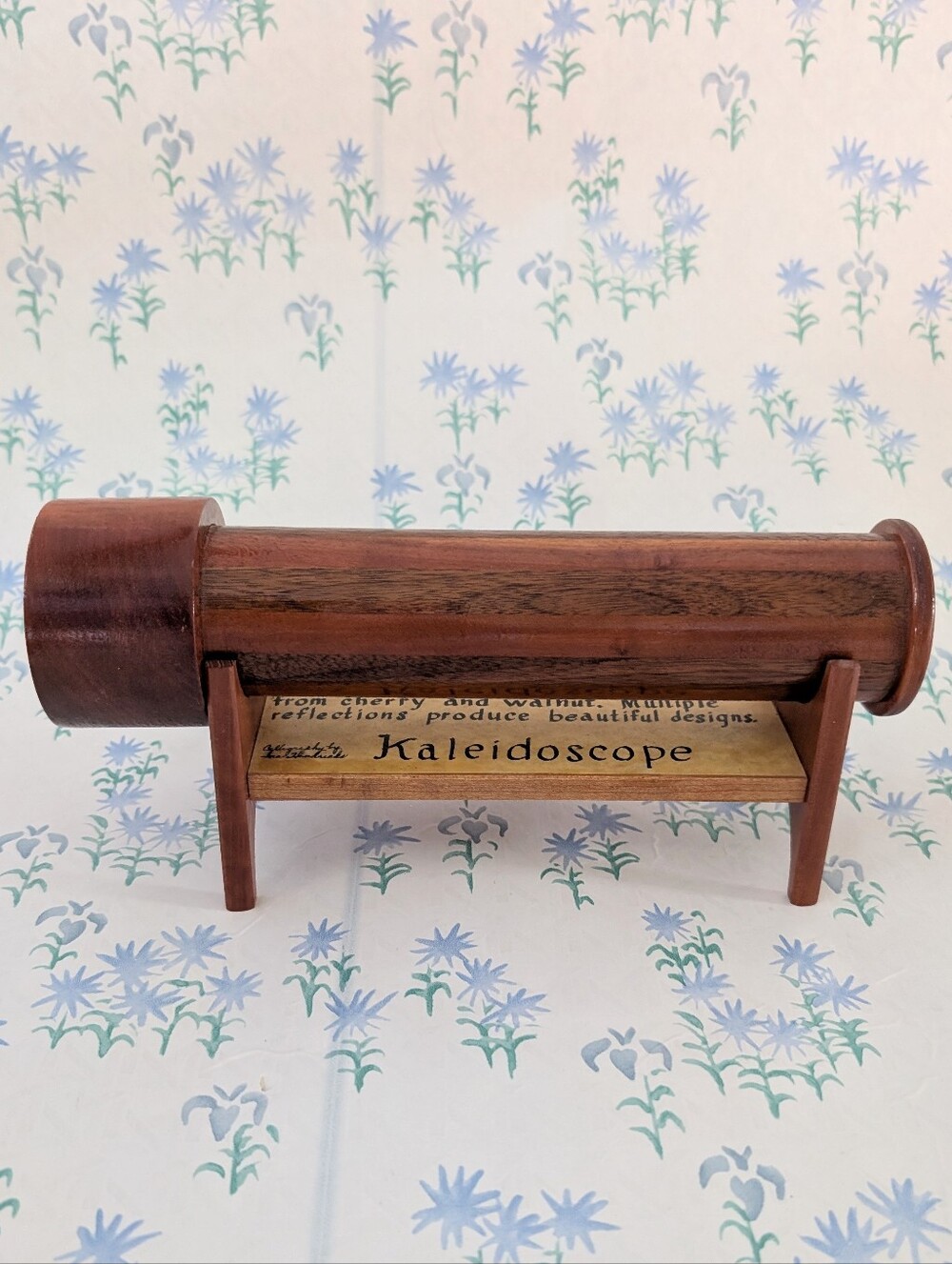 Handmade Cherry Walnut Wooden Kaleidoscope and Display Stand Folk Art Vintage